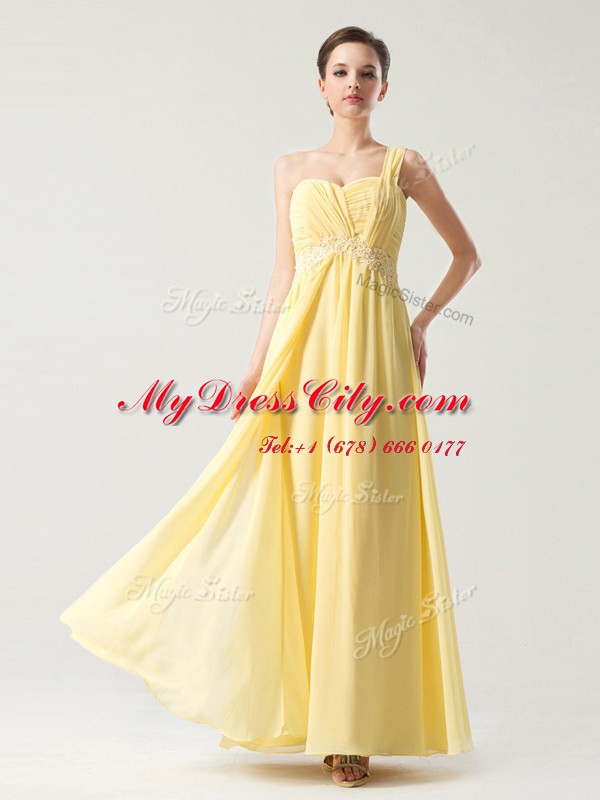 Suitable Light Yellow One Shoulder Neckline Beading and Ruching Dress for Prom Sleeveless Zipper