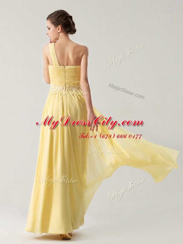 Suitable Light Yellow One Shoulder Neckline Beading and Ruching Dress for Prom Sleeveless Zipper