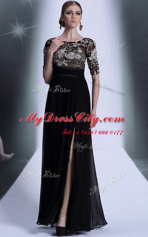 Floor Length Black Prom Dress Scoop Half Sleeves Zipper