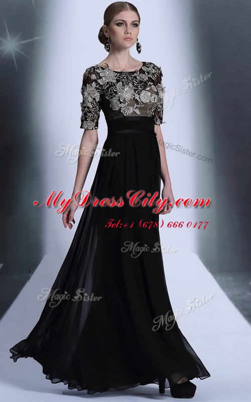 Floor Length Black Prom Dress Scoop Half Sleeves Zipper