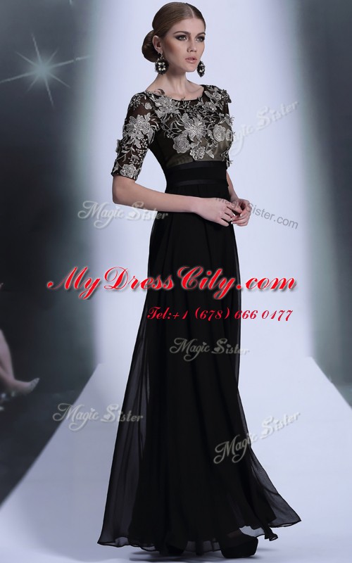 Floor Length Black Prom Dress Scoop Half Sleeves Zipper