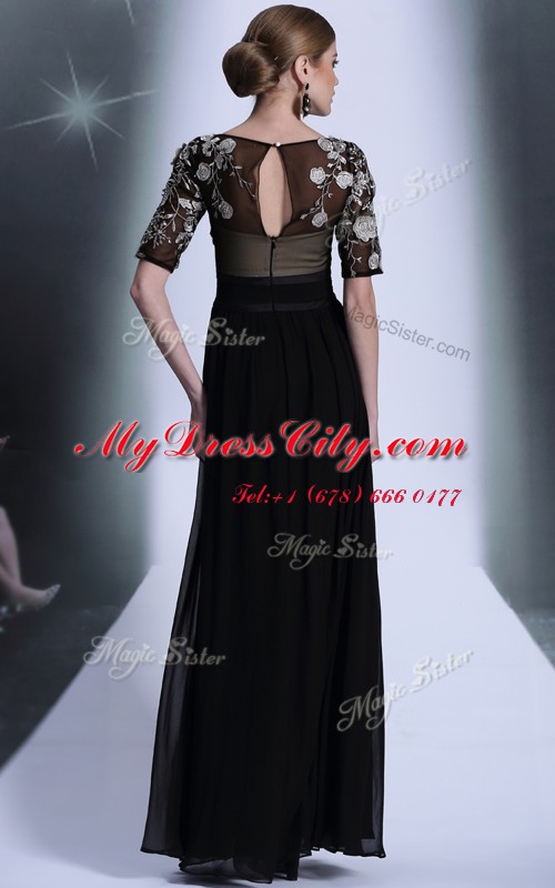 Floor Length Black Prom Dress Scoop Half Sleeves Zipper