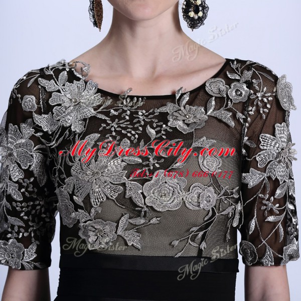 Floor Length Black Prom Dress Scoop Half Sleeves Zipper