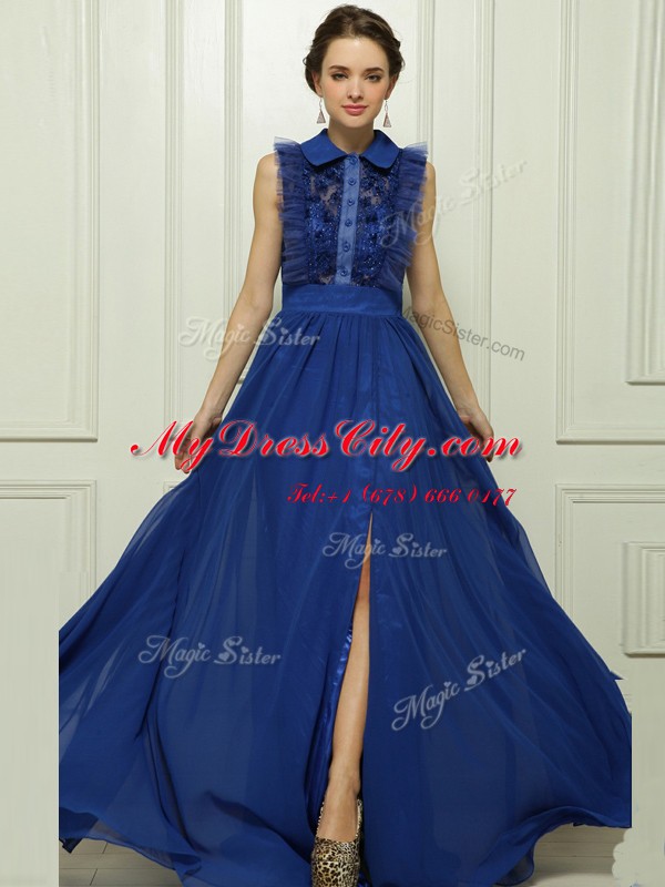 Blue High-neck Neckline Appliques Homecoming Dress Sleeveless Zipper