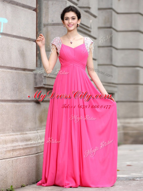 Hot Pink Cap Sleeves Beading Floor Length Homecoming Dress