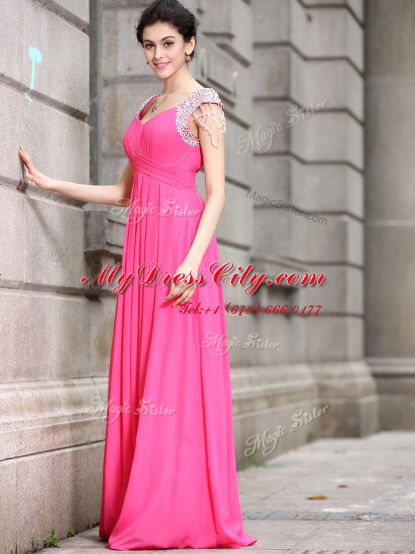 Hot Pink Cap Sleeves Beading Floor Length Homecoming Dress