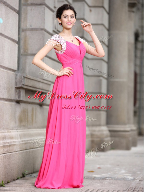 Hot Pink Cap Sleeves Beading Floor Length Homecoming Dress