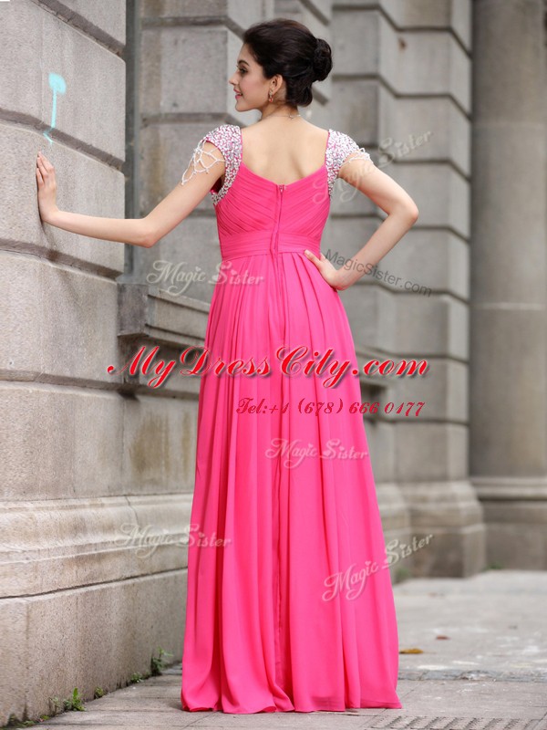 Hot Pink Cap Sleeves Beading Floor Length Homecoming Dress