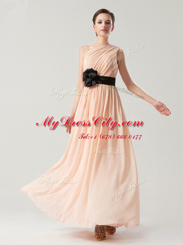 Luxurious Peach Chiffon Side Zipper One Shoulder Sleeveless Ankle Length Dress for Prom Belt