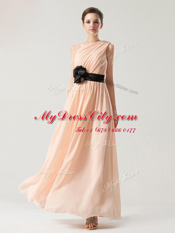 Luxurious Peach Chiffon Side Zipper One Shoulder Sleeveless Ankle Length Dress for Prom Belt