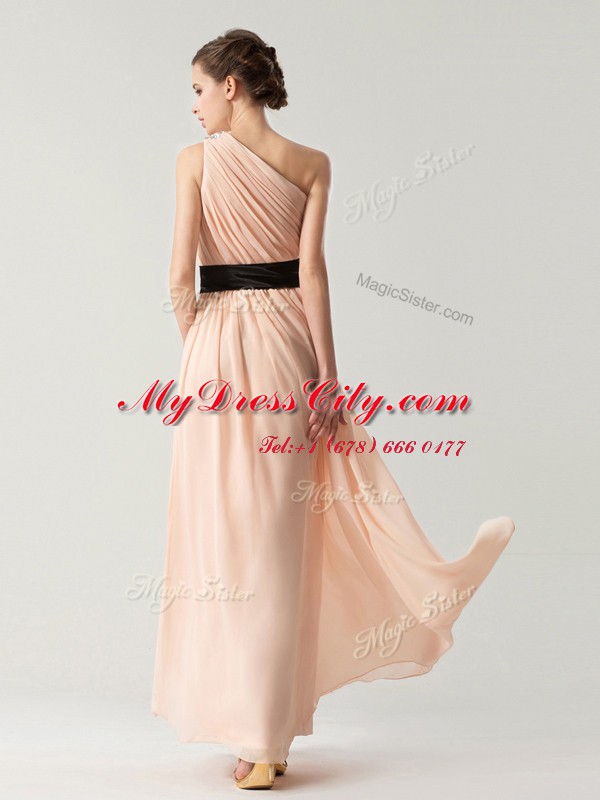 Luxurious Peach Chiffon Side Zipper One Shoulder Sleeveless Ankle Length Dress for Prom Belt