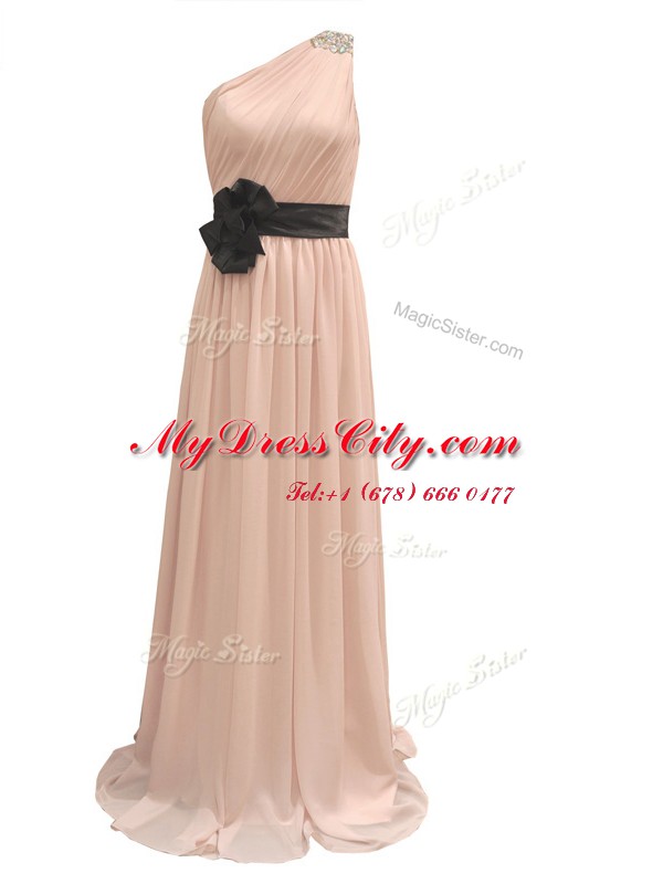 Luxurious Peach Chiffon Side Zipper One Shoulder Sleeveless Ankle Length Dress for Prom Belt