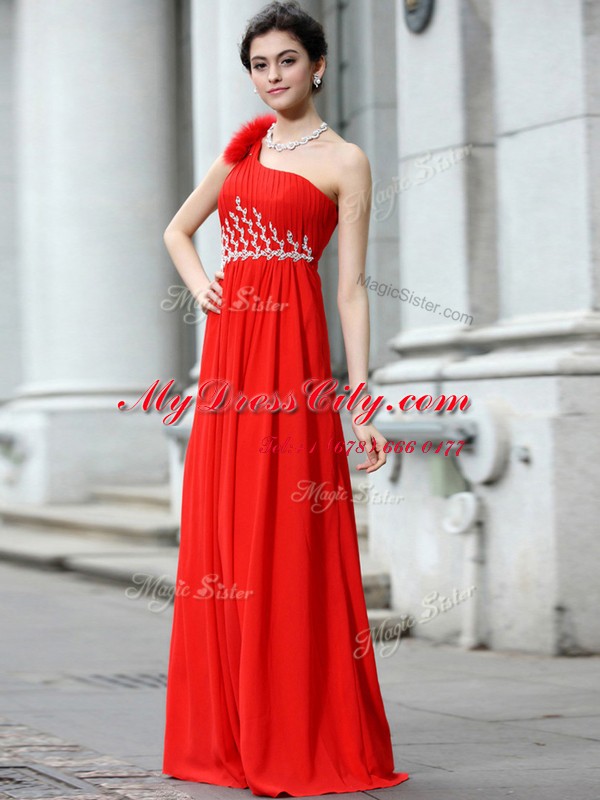 Captivating One Shoulder Sleeveless Chiffon Floor Length Zipper Dress for Prom in Coral Red with Beading and Ruching