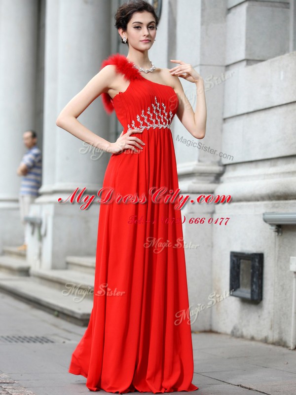 Captivating One Shoulder Sleeveless Chiffon Floor Length Zipper Dress for Prom in Coral Red with Beading and Ruching