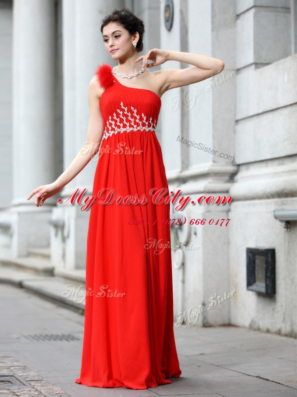 Captivating One Shoulder Sleeveless Chiffon Floor Length Zipper Dress for Prom in Coral Red with Beading and Ruching