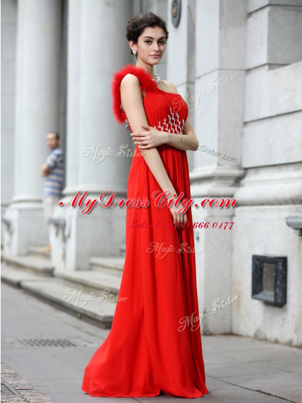 Captivating One Shoulder Sleeveless Chiffon Floor Length Zipper Dress for Prom in Coral Red with Beading and Ruching