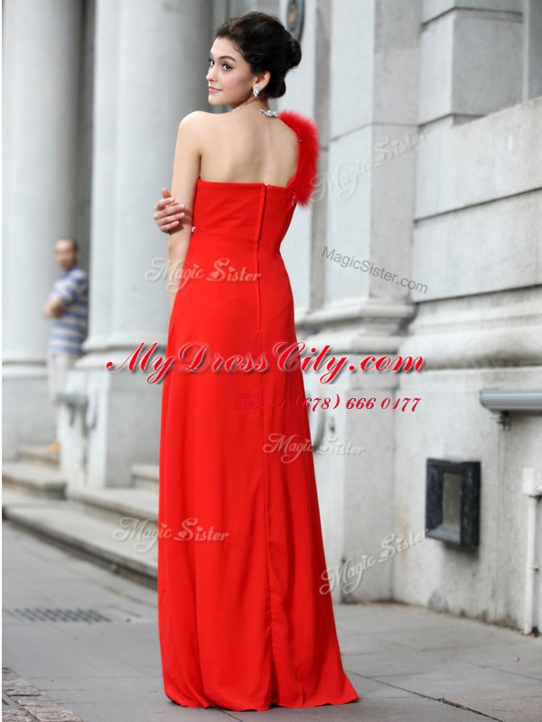 Captivating One Shoulder Sleeveless Chiffon Floor Length Zipper Dress for Prom in Coral Red with Beading and Ruching