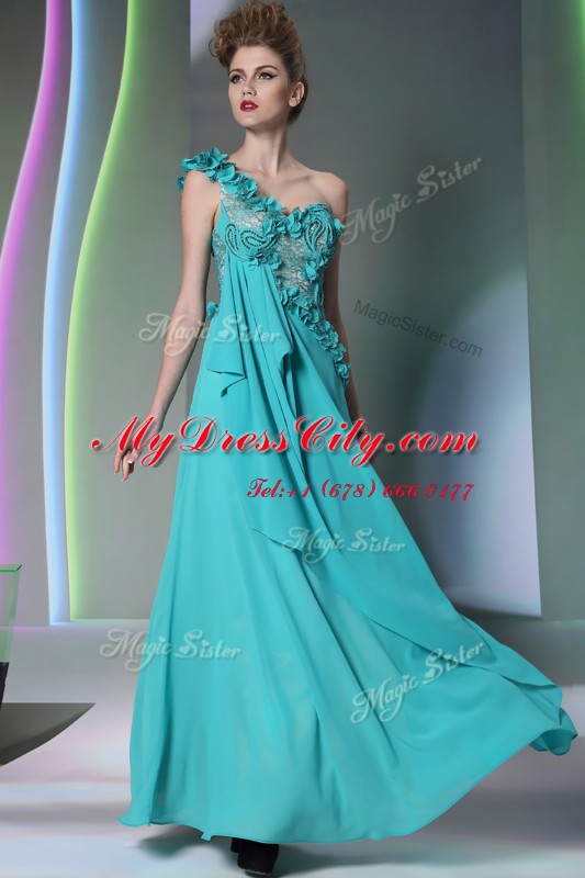 Fashion One Shoulder Sleeveless Side Zipper Dress for Prom Teal Chiffon