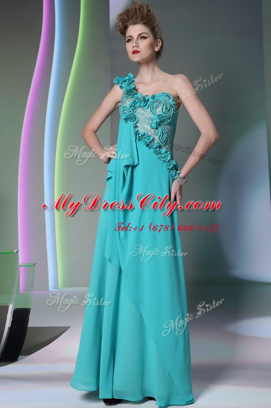 Fashion One Shoulder Sleeveless Side Zipper Dress for Prom Teal Chiffon