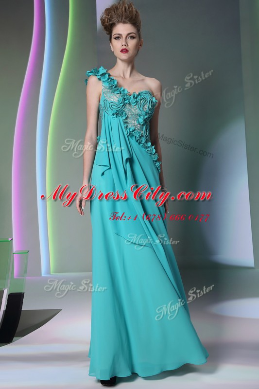 Fashion One Shoulder Sleeveless Side Zipper Dress for Prom Teal Chiffon