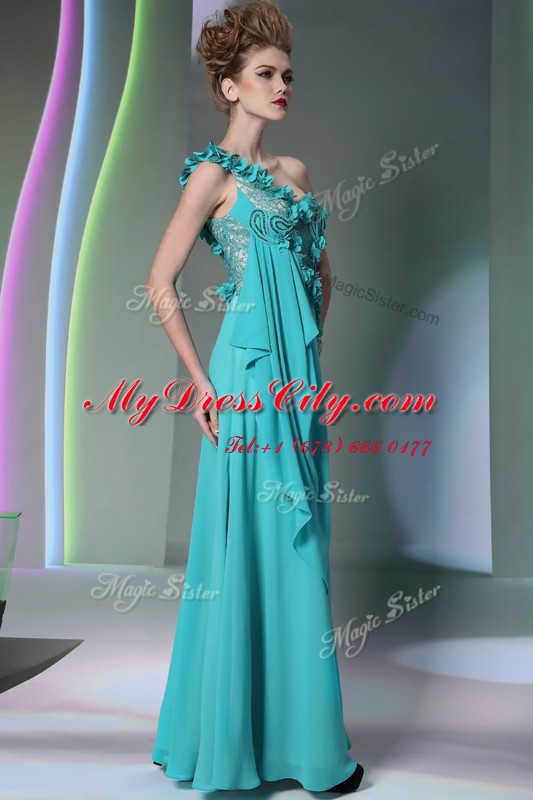 Fashion One Shoulder Sleeveless Side Zipper Dress for Prom Teal Chiffon