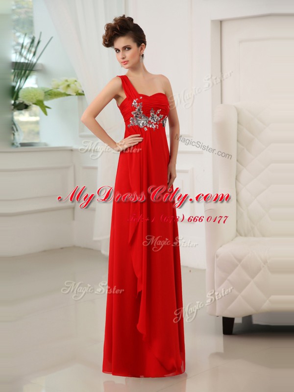 Customized One Shoulder Red Sleeveless Beading and Appliques and Ruching Floor Length Prom Dress