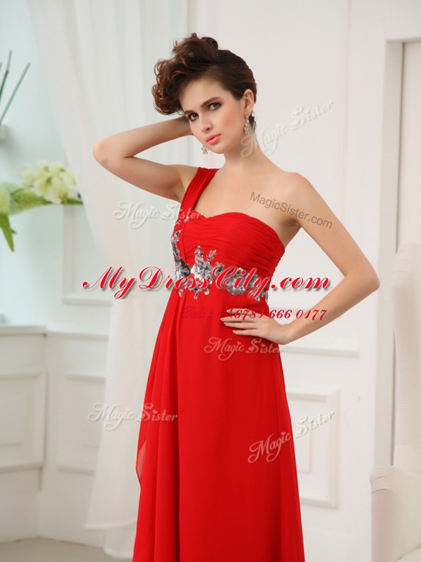 Customized One Shoulder Red Sleeveless Beading and Appliques and Ruching Floor Length Prom Dress