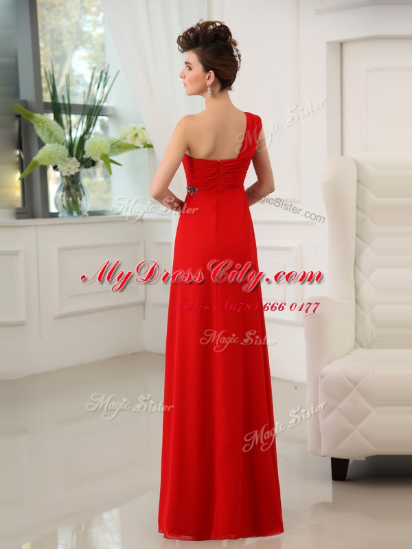 Customized One Shoulder Red Sleeveless Beading and Appliques and Ruching Floor Length Prom Dress