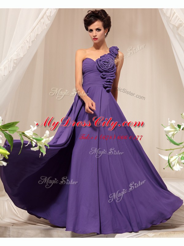 Luxury One Shoulder Chiffon Sleeveless Floor Length Dress for Prom and Hand Made Flower