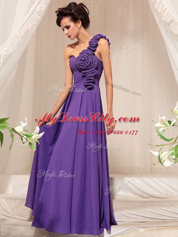 Luxury One Shoulder Chiffon Sleeveless Floor Length Dress for Prom and Hand Made Flower