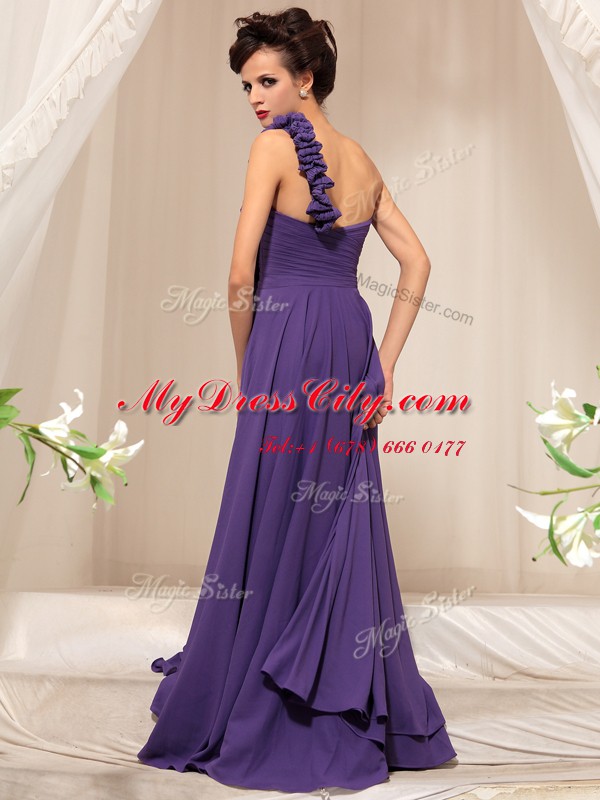 Luxury One Shoulder Chiffon Sleeveless Floor Length Dress for Prom and Hand Made Flower