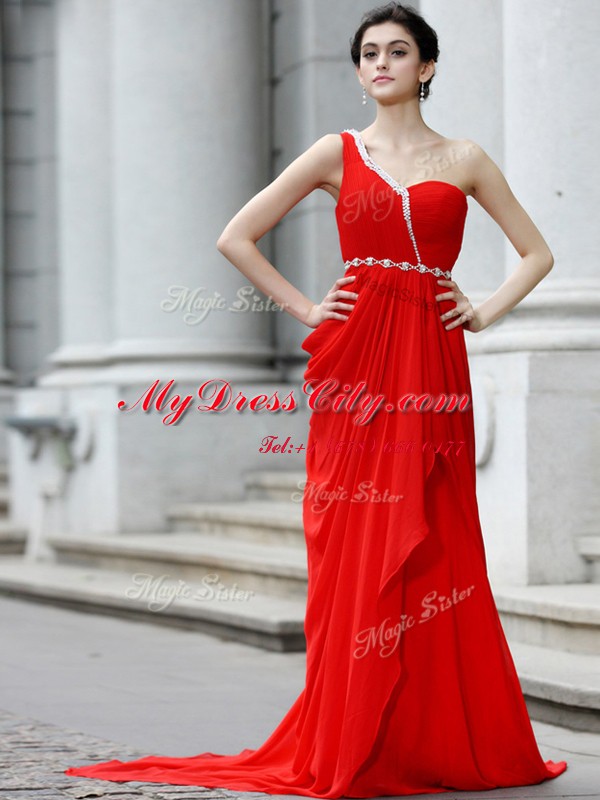 One Shoulder Red Zipper Prom Party Dress Beading and Ruching Sleeveless With Brush Train