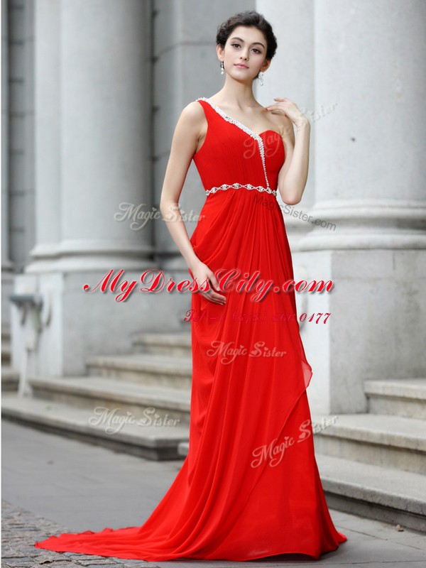 One Shoulder Red Zipper Prom Party Dress Beading and Ruching Sleeveless With Brush Train