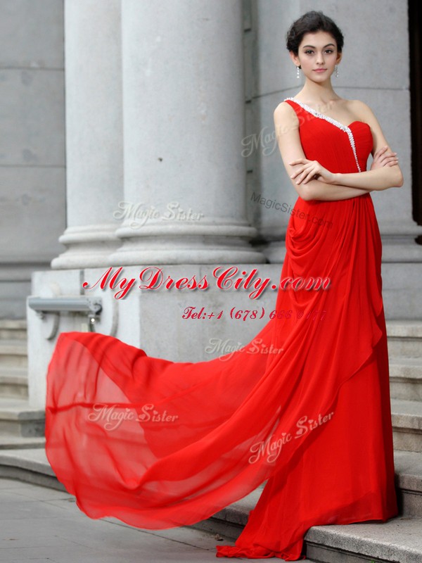 One Shoulder Red Zipper Prom Party Dress Beading and Ruching Sleeveless With Brush Train