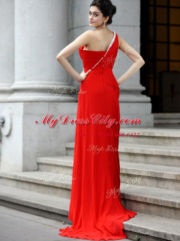 One Shoulder Red Zipper Prom Party Dress Beading and Ruching Sleeveless With Brush Train