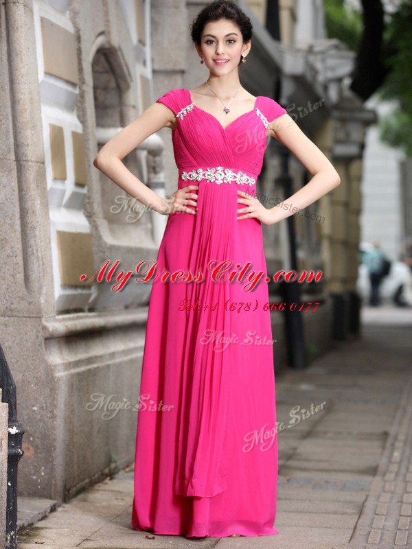 Hot Pink Sleeveless Beading Floor Length Evening Dress