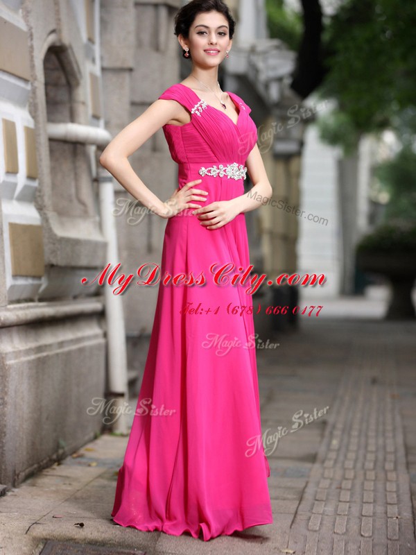 Hot Pink Sleeveless Beading Floor Length Evening Dress