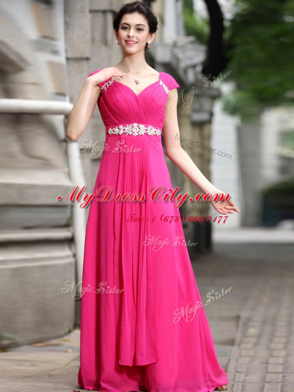 Hot Pink Sleeveless Beading Floor Length Evening Dress