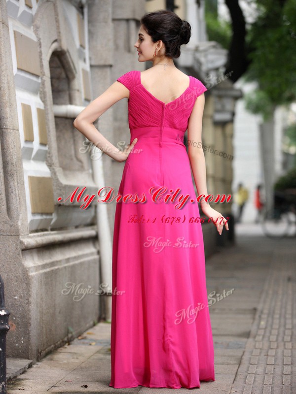 Hot Pink Sleeveless Beading Floor Length Evening Dress