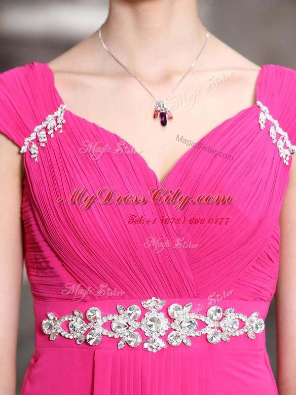 Hot Pink Sleeveless Beading Floor Length Evening Dress