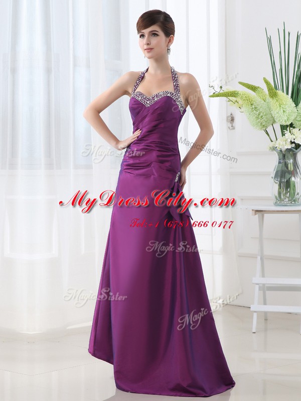 Purple Halter Top Lace Up Beading and Ruching Sleeveless