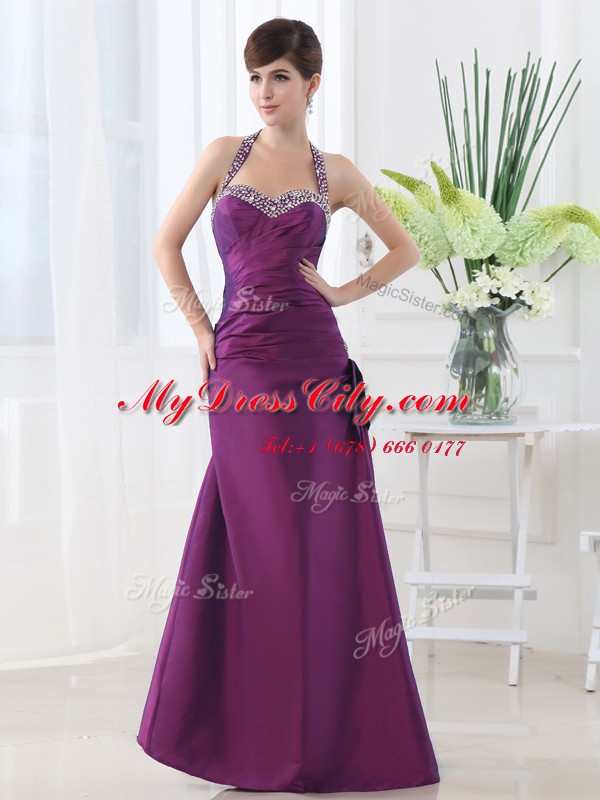 Purple Halter Top Lace Up Beading and Ruching Sleeveless