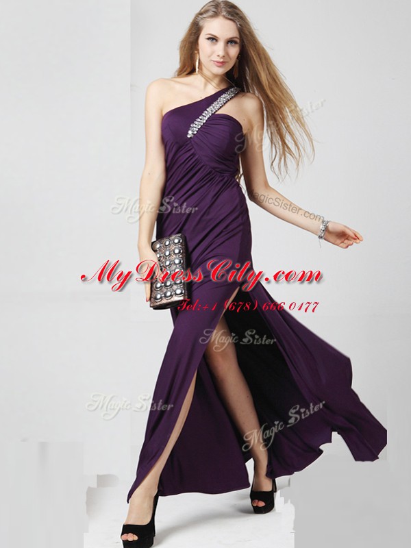 Latest One Shoulder Purple Sleeveless Beading and Ruching Floor Length Prom Gown