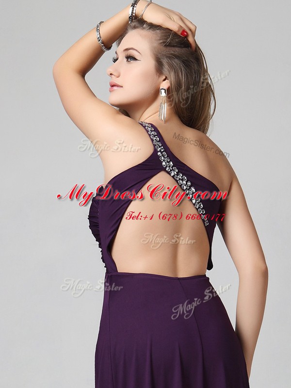 Latest One Shoulder Purple Sleeveless Beading and Ruching Floor Length Prom Gown