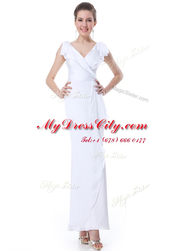 Cheap Column/Sheath Dress for Prom White V-neck Chiffon Cap Sleeves Floor Length Zipper