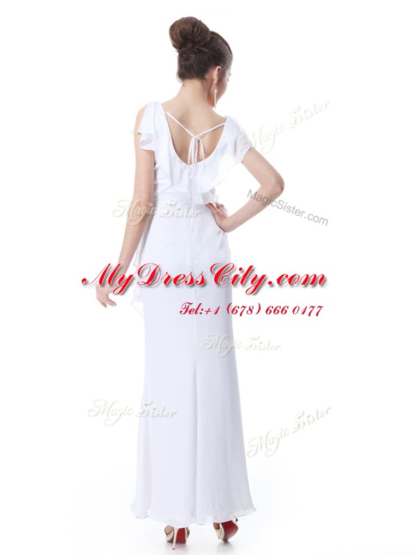 Cheap Column/Sheath Dress for Prom White V-neck Chiffon Cap Sleeves Floor Length Zipper