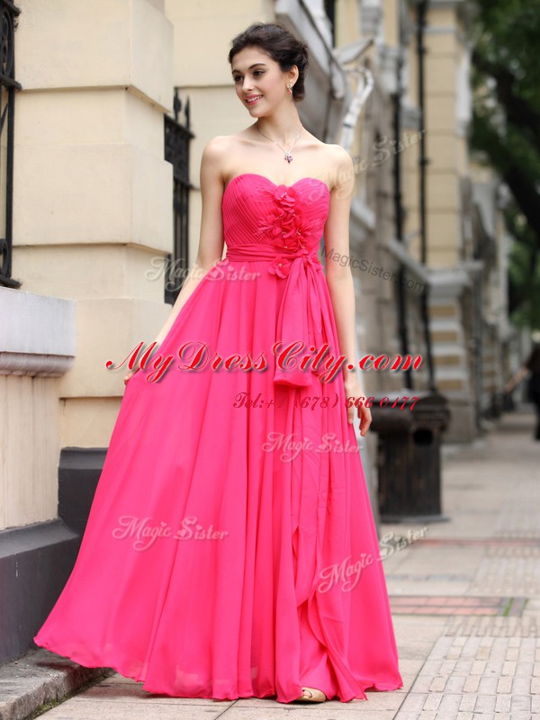 Hot Pink Chiffon Zipper Dress for Prom Sleeveless Floor Length Sashes ribbons and Ruching and Hand Made Flower