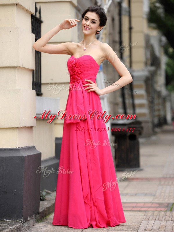 Hot Pink Chiffon Zipper Dress for Prom Sleeveless Floor Length Sashes ribbons and Ruching and Hand Made Flower