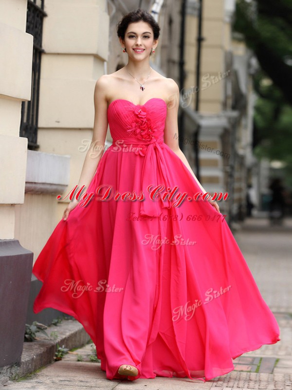 Hot Pink Chiffon Zipper Dress for Prom Sleeveless Floor Length Sashes ribbons and Ruching and Hand Made Flower