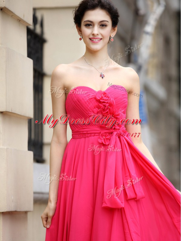 Hot Pink Chiffon Zipper Dress for Prom Sleeveless Floor Length Sashes ribbons and Ruching and Hand Made Flower